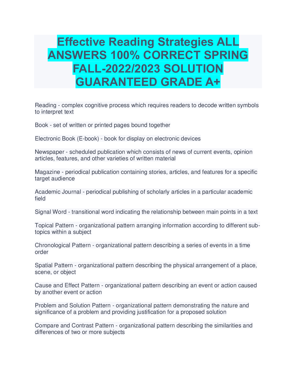 Preview image for Effective Reading Strategies ALL ANSWERS 100% CORRECT SPRING FALL-2022/2023 SOLUTION GUARANTEED GRADE A+